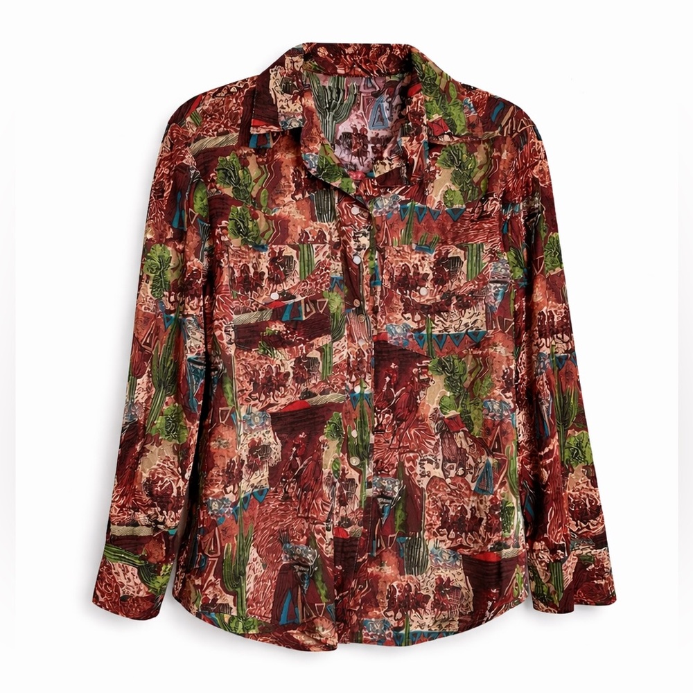 Handmade Western Scene Button Up Shirt Pearl Snap Cowboy Print Large